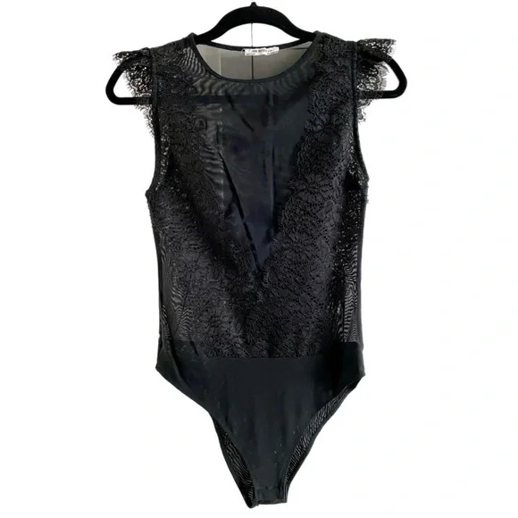 Zara Black Mesh / Lace Top Bodysuit Size Small - Picture 2 of 4